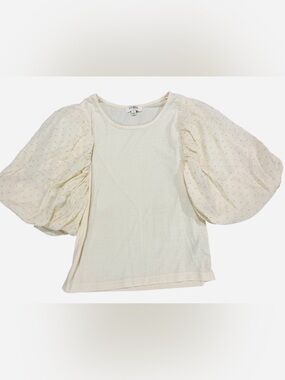 UMGEE Puff-Sleeve Ribbed Knit Boho Top in Cream Size Small